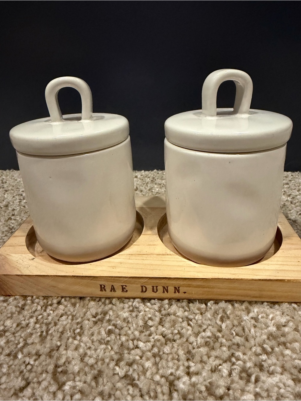 Rae Dunn White Ceramic 'Bobby Pins' & 'Hair Ties' Storage Jars with Bamboo Tray - Picture 4 of 5
